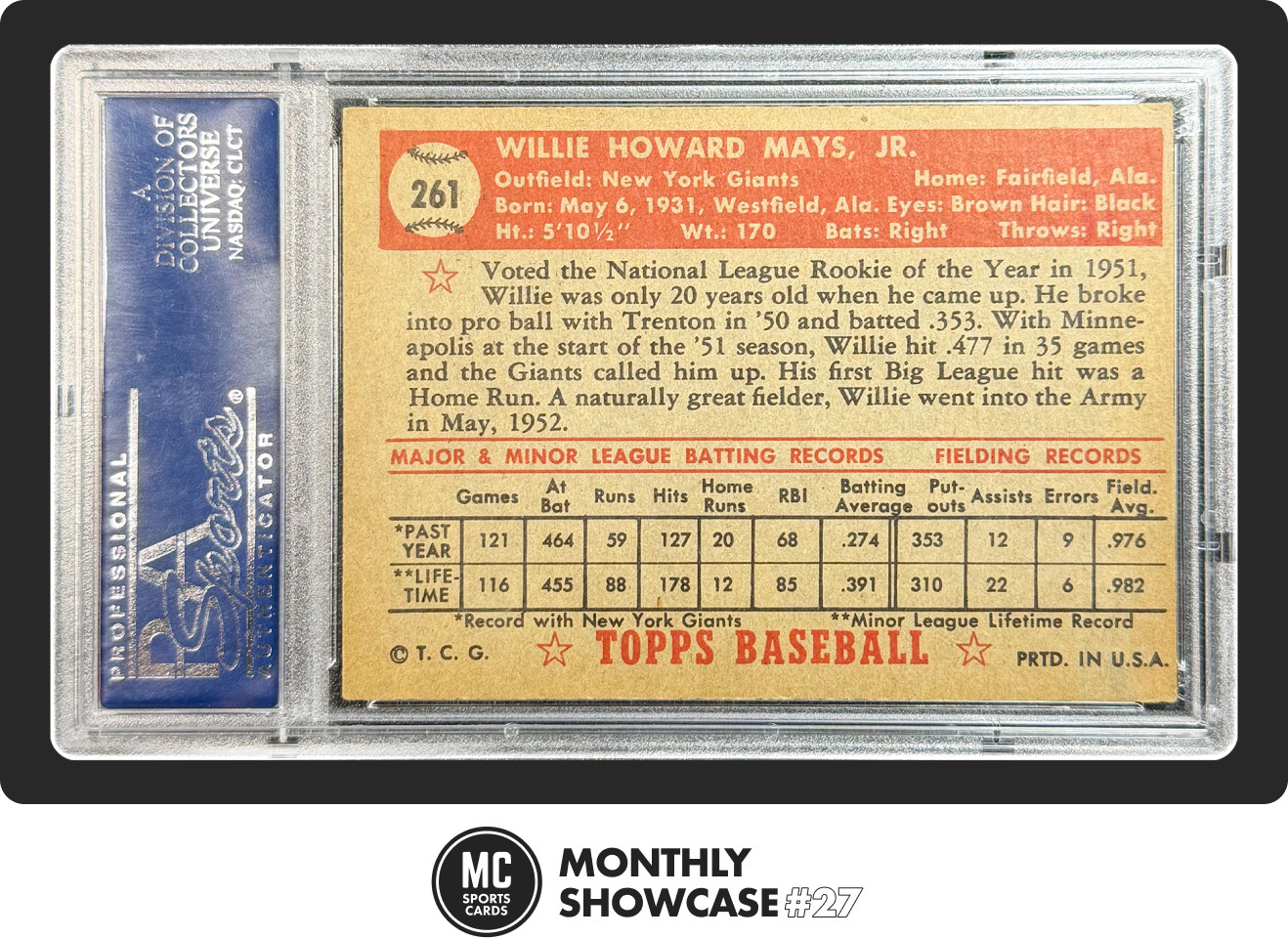 WILLIE MAYS PSA 4 1952 TOPPS BASEBALL #261 GIANTS VG-EX VINTAGE view 2