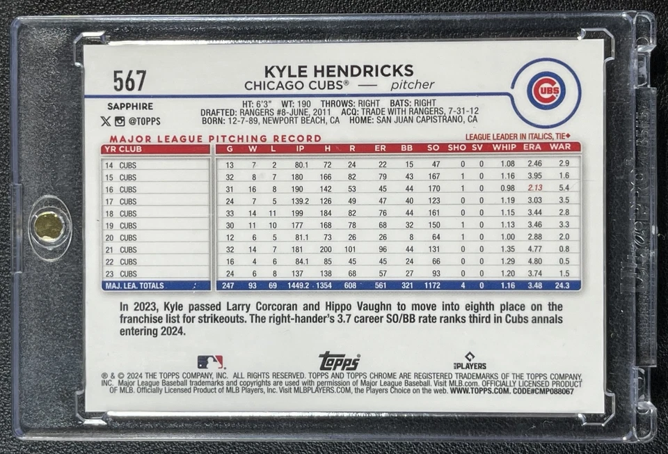 KYLE HENDRICKS 2024 TOPPS CHROME SAPPHIRE #567 RED REFRACTOR 4/5 - Image 2 of 2