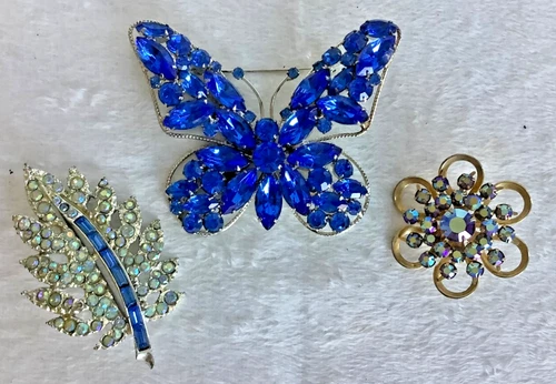 Lot of 3 Vintage Butterfly , Leaf & Flower Brooches Rhinestone Costume Jewelry