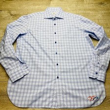 Isaia Napoli Shirt Mens 17.5 Blue White Plaid Cotton Neiman Marcus Dress Italy