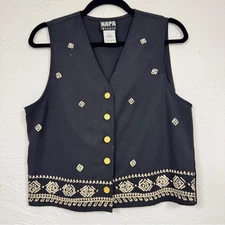 Vintage Napa Studio Black Embroidered Vest Womens S South Western Wood Button