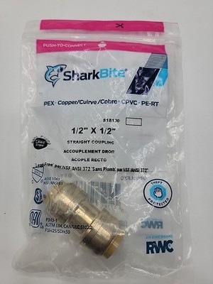 SharkBite  1/2x1/2'' Copper Straight Coupling 697285503380 818130 Unopened