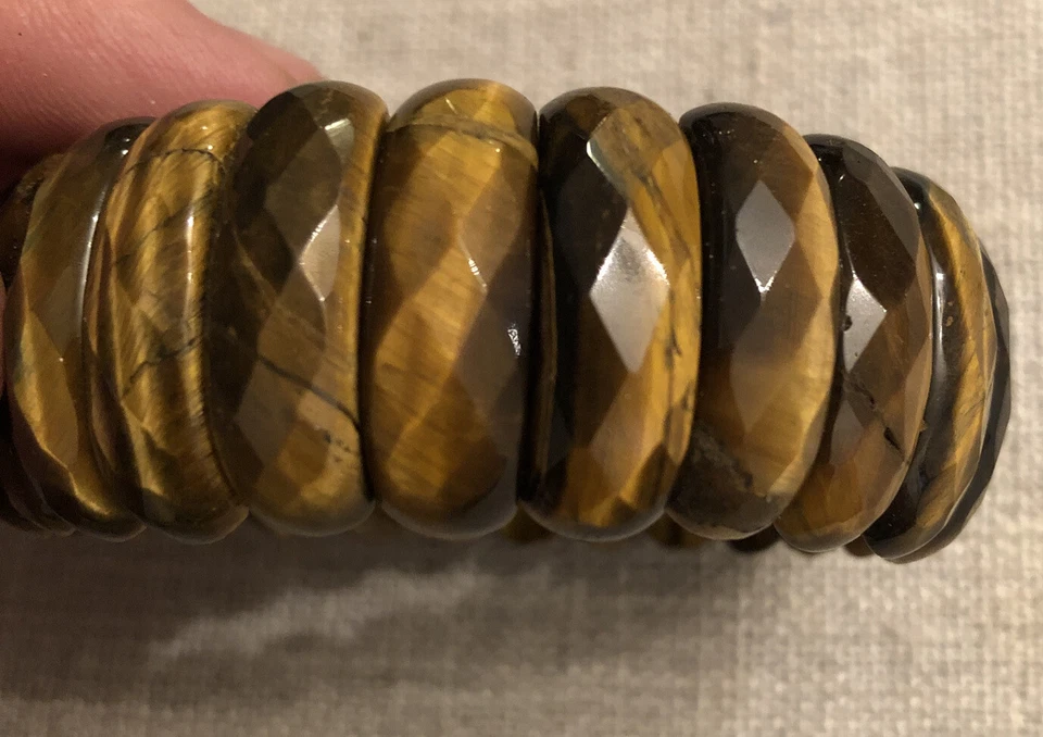 Pulsera elástica vintage de bloque de piedra tallada ojo de tigre amarillo natural Foto 4 de 4