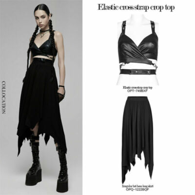 Punk Rave Women's Rivets Sexy Elastic Cross Strap Crop  Black Short Tank Tops