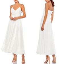 NEW IEENA Mac Duggal WHITE Chiffon FAUX WRAP Sleeveless COCKTAIL Midi DRESS