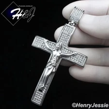 MEN STAINLESS STEEL ICY BLING CZ SILVER OVERSIZE 3D JESUS CROSS PENDANT*IP142