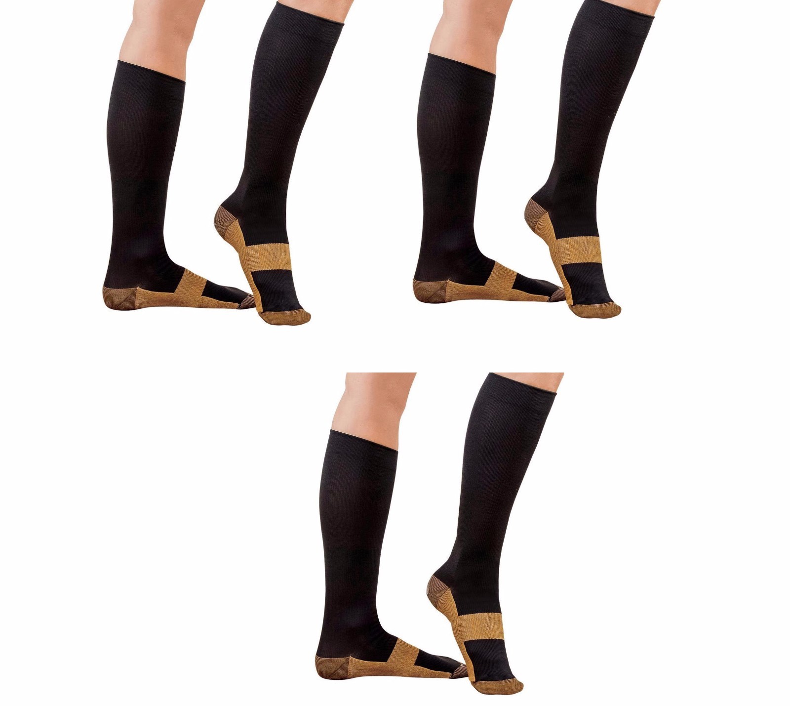 3 Pair L/XL Compression Copper Support Socks Graduated 20-30 mmHg Men Women Blk