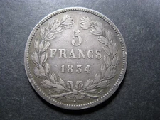 France 1834 W Lille 5 Francs Louis-Philippe I 90% Silver Coin - VG/F