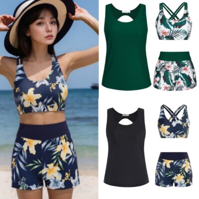 3 Pcs Tankini Swimsuit for Women Push Up Bathing Suit Flowers Print Swimwear