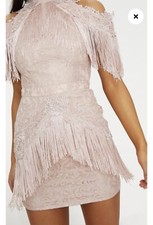 PLT PrettyLittleThing Dusty Pink Fringe Lace Mini Dress | US 4 | NWT