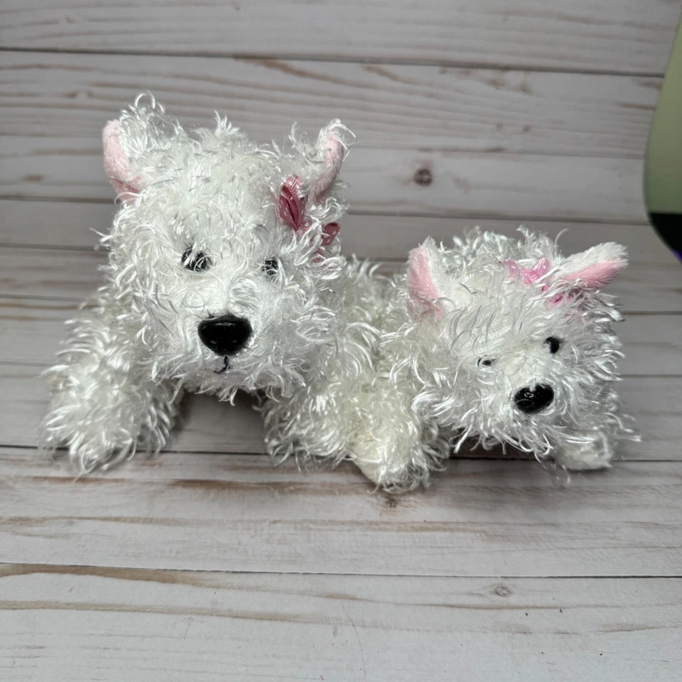 Lot of 2 Ganz White Terrier Dogs Puppy Plush Stuffed Animals with Pink Bow - Image 2 of 4