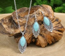 Turquoise Tear Drop Silver Ethnic BOHO Tribal Earrings Necklace Jewelry Set NEW
