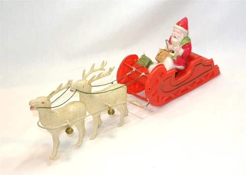 Vintage CHRISTMAS Santa Claus in Sleigh with Reindeer 13 inch Celluloid Plastic