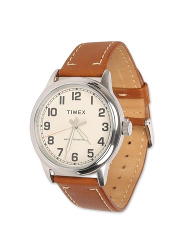 Orologio Timex 302411 Uomo Argento Quadrante Beige Cintura Pelle Marrone 40mm