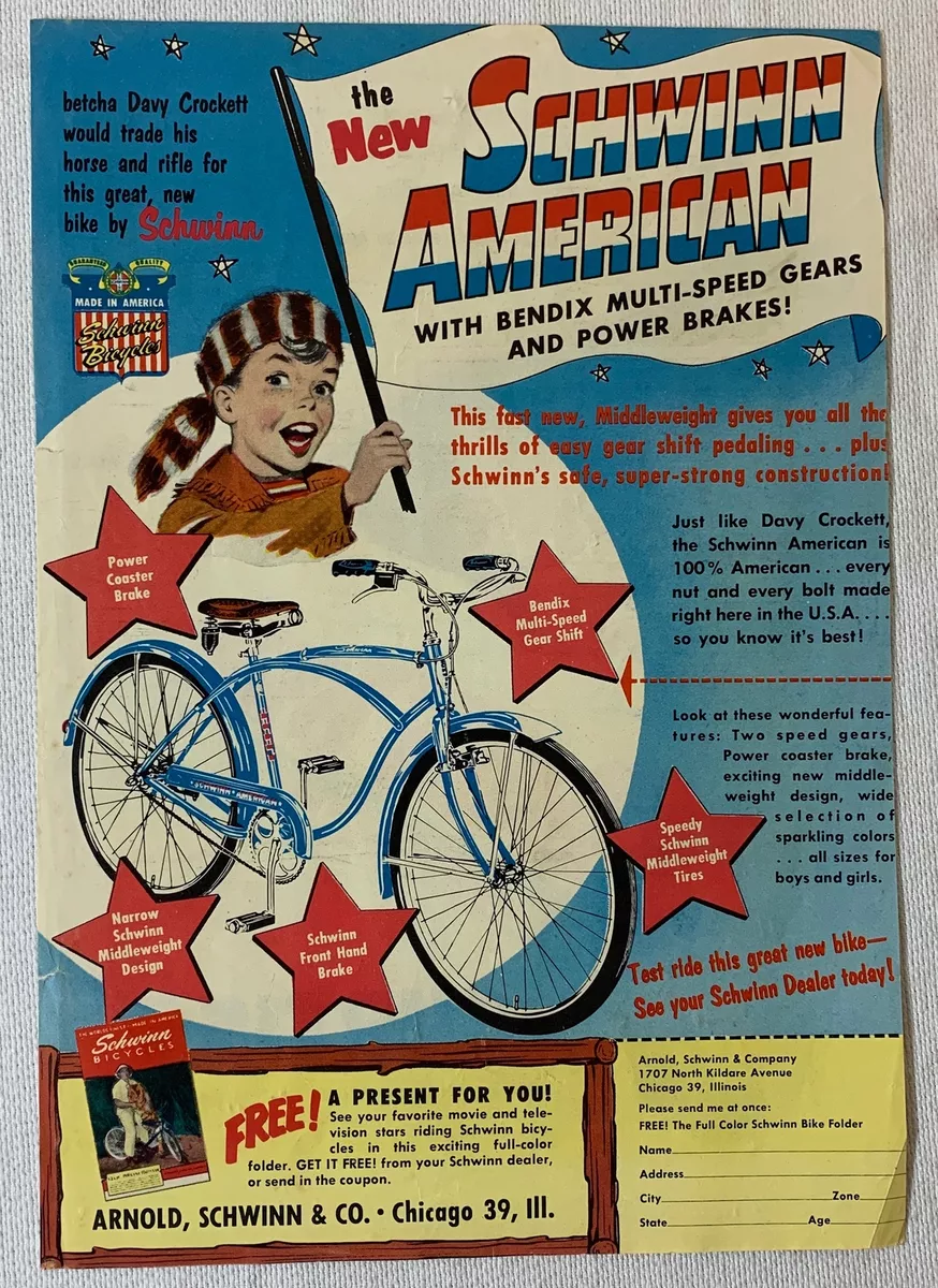 1955 SCHWINN AMERICAN bicycle ad Davy Crockett would trade his horse