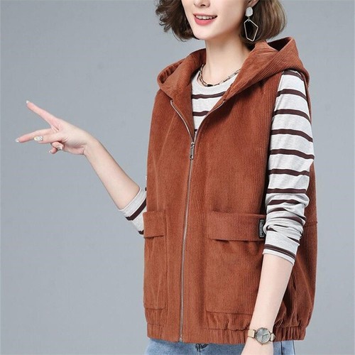Women Casual Corduroy Vest Jacket Plus Size Coat Hooded Waistcoat Gilet Pockets - Picture 9 of 15