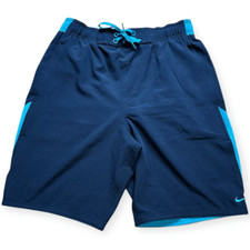 NIKE Men s Navy Blue Drawstring Waist Mesh Lined Repel Swim Trunks Board Shorts
