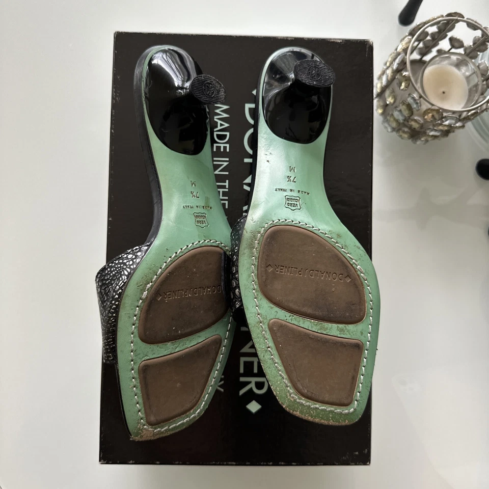 Donald J Pliner JOBI Gatito Tacón Mulas Negro Plata Cocodrilo Animal Hebilla 7.5M Foto 4 de 4