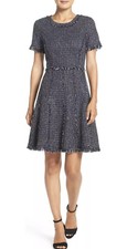Eliza J Tweed Fit & Flare Blue, White, Metallic Tweed Dress Petite 0 Gorgeous!