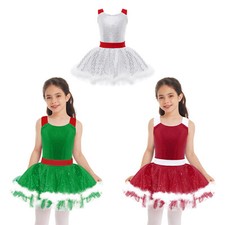 Girls Dress Christmas Costumes Sleeveless Ballet Leotard Ice Figure Skating Tutu