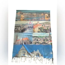Large Hungarian Budapest Shawl  Pashmina Cashmere Wrap Fringe Blue 75X30”