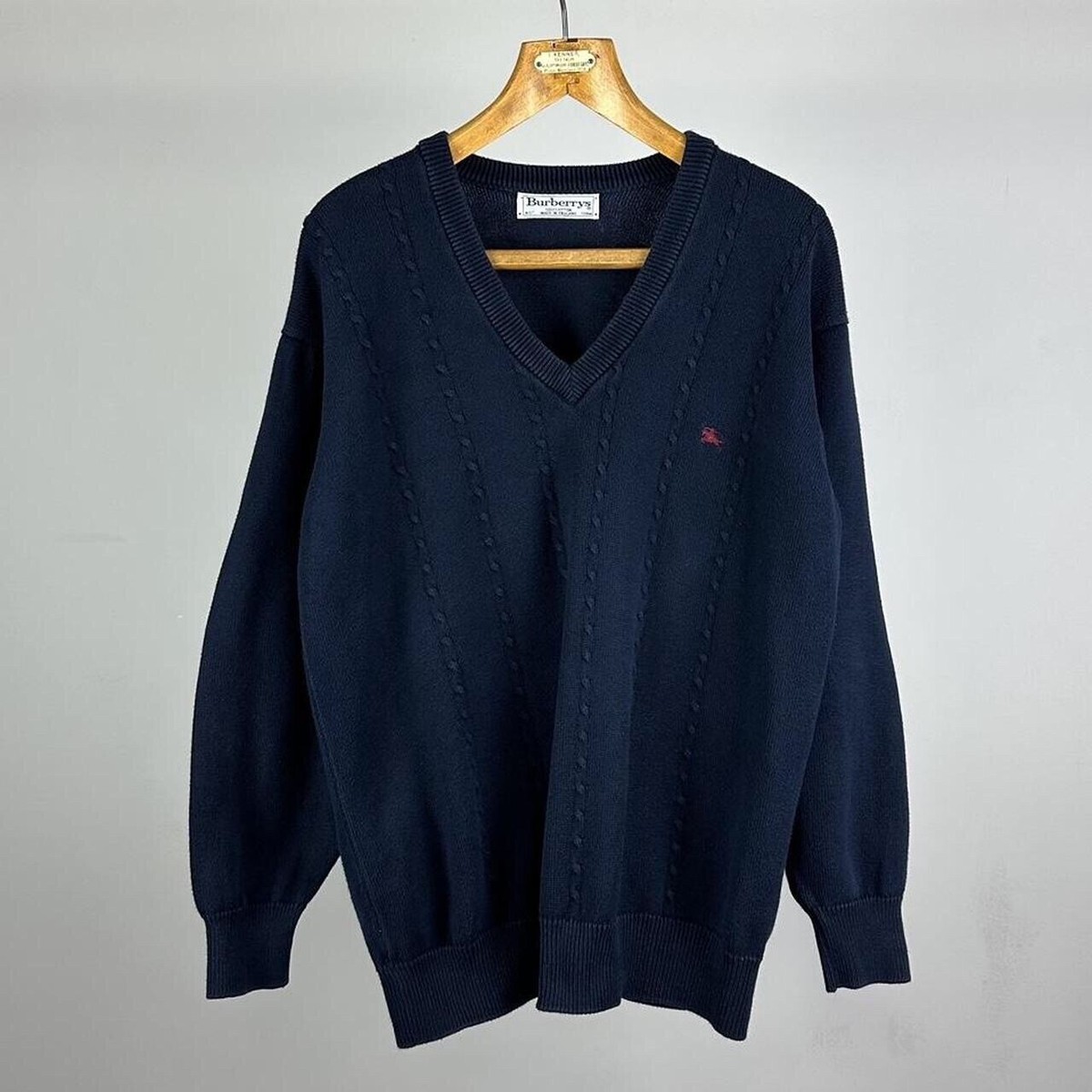 Vintage 1990s Burberry V-Neck Cable Knit Classic Jumper, Navy 
