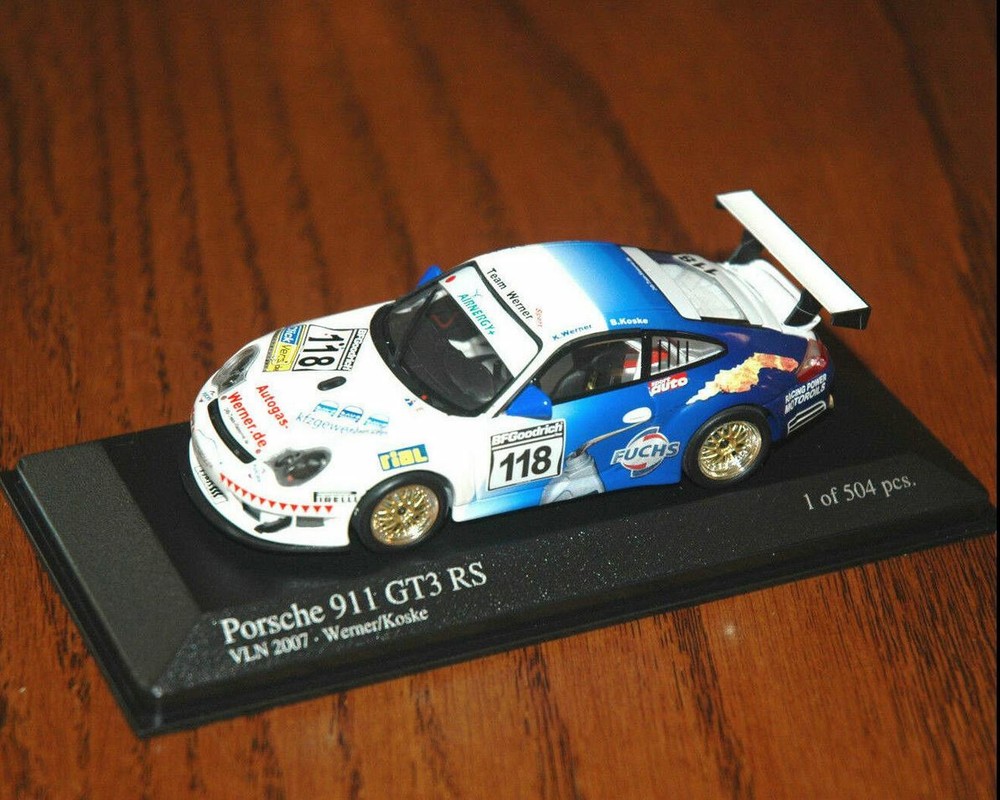 1:43 Minichamps Porsche 911 996 GT3 Race Car Blue and White NEW