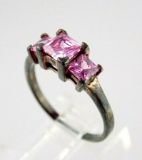 Sterling Silver Pink Crystal Three Stone Ring 925 Pink Gems Size 7.75 2.7g