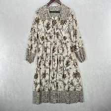 R Vivimos Dress Womens Small White Gold Floral Midi Country Boho Tunic Hippie