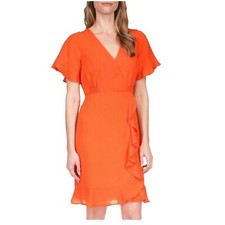 NWT MICHAEL KORS FAUX WRAP OPTIC ORANGE SIDE ZIP RUFFLE FRONT DRESS XL $165 MSRP