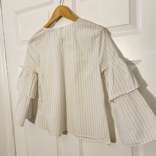 Madewell Ruffle Sleeve Top Size S White Gray Small Stripe - Picture 5 of 8
