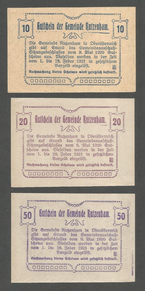 Austria - Rutzenham 10, 20, 50 Heller 9.5.1920; AU+; C-743; Complete ...