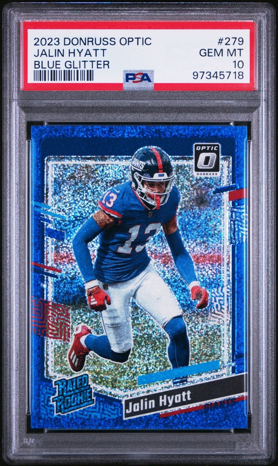 2023 Donruss Optic Blue Glitter Prizm #279 Jalin Hyatt RC Rated Rookie PSA 10