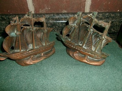 Vintage OLD IRONSIDE BRASS over Cast Metal Pair of Decorative Ships -