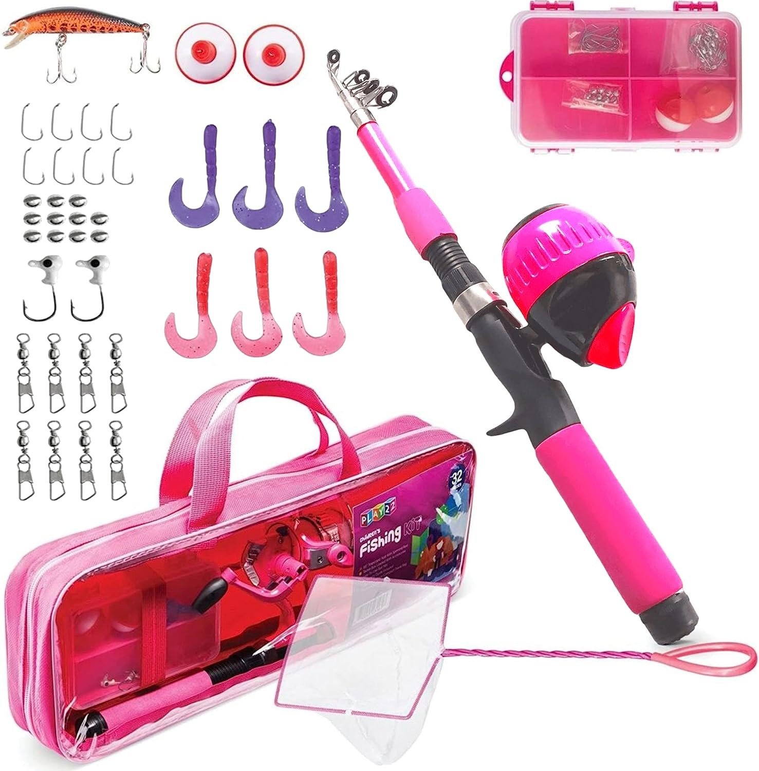 Play22 Kids Fishing Pole Pink - 40 Pc Kids Fishing Rod and Reel Combos - Fishing