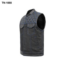 Mens Denim Leather Club Vest Blue Stitching Motorcycle Biker Riding Cut