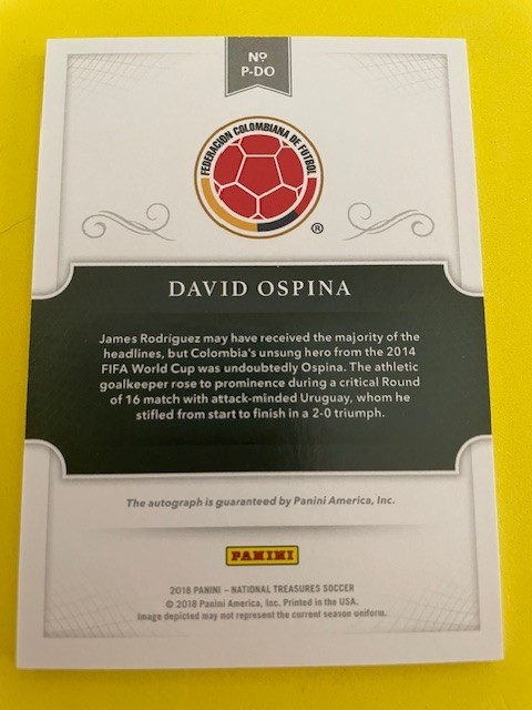 David Ospina 2018 Panini National Treasures Penmanship Auto #P-DO /99 Colombia view 2