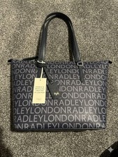 BNWT Radley London Large Navy Logo Zip Top Tote Bag Leather Handles Work Travel