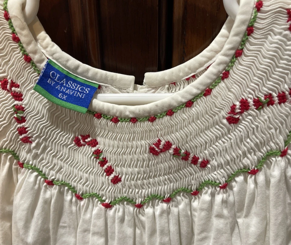 经典 ANIVINI SMOCKED CHRISTMAS 连衣裙 白色 6x CANDYCANES 二手 — 第 2/4 张图片