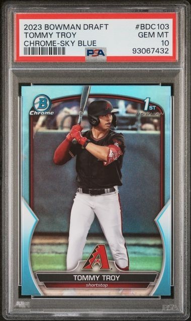 Tommy Troy 2023 Bowman Draft Chrome 1st Sky Blue Refractor Card #BDC-103 PSA 10