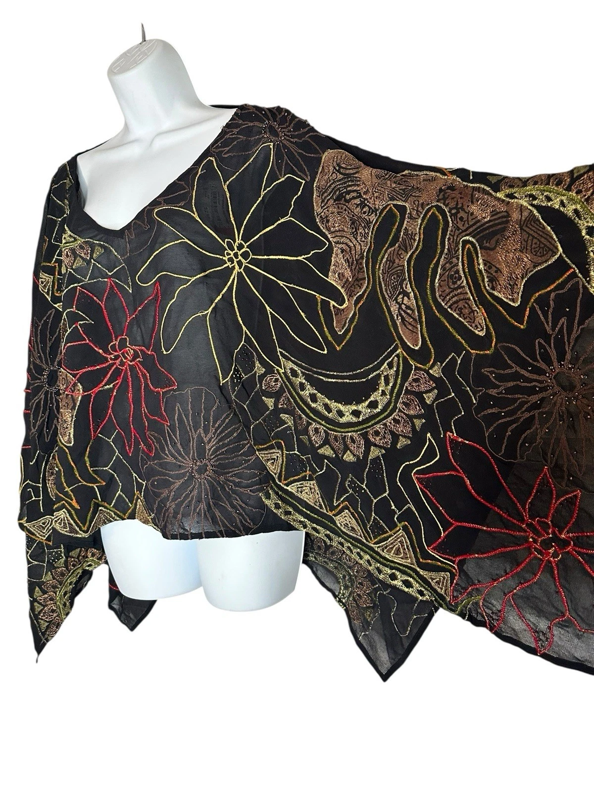 Boho Artsy Sheer Black Floral Multicolor Embroidered Beaded Cover Up Poncho Top