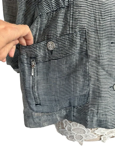 Chico's Sheer Gray Striped Button Up Peplum Lightweight Linen Jacket size Large - Picture 4 of 7