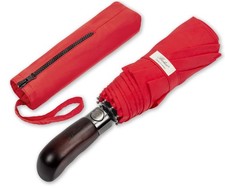 Travel Umbrella with Wood Handle, Auto Open  Close, Windproof Canopy, Red