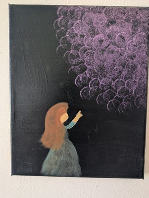 Original acrylic painting with girl reaching for purple clouds, unframed canvas