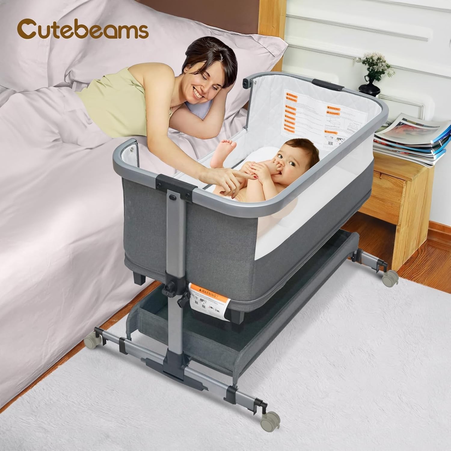 4-in-1 Baby Bassinet, Bedside Sleeper, Rocking Grey With Playpen 