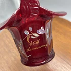 FENTON Ruby Red 40th Anniversary Floral Art Glass Basket Tag Signed Powell 7"