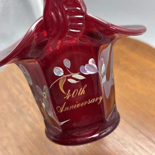 FENTON Ruby Red 40th Anniversary Floral Art Glass Basket Tag Signed Powell 7"