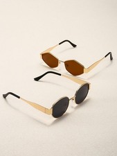 2pcs Retro Metal Sunglasses: Diamond-Shaped Golden Tea Round Golden Gray