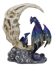 Blue Dragon With Baby Wyrmling Perching On Bone Skull Crescent Moon Figurine