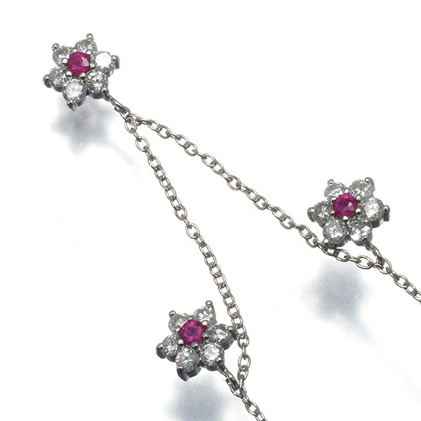 Ruby Diamond 0.20ct/0.20ct/0.20ct Flower Station Necklace 850 Platinum - Image 2 of 4